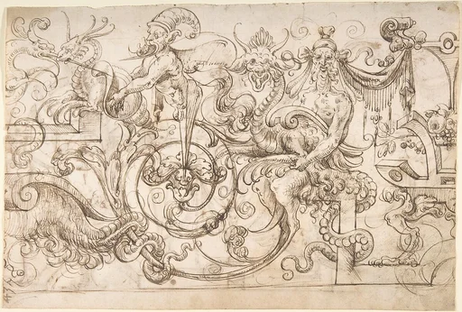 Grotesque panel with satyrs, herms, and strapwork (recto); winged creatures and strapwork (verso)