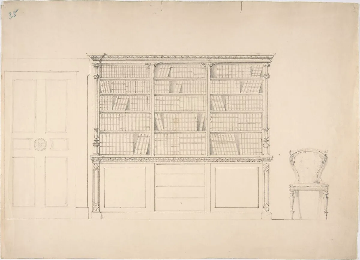 Design for a Large Bookcabinet, with a Door at Left and a Chair at Right — Anonymous, British, 19th century