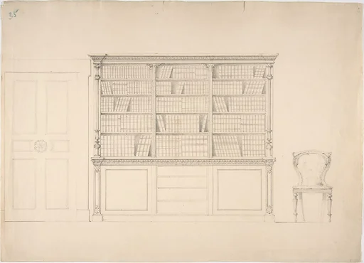 Design for a Large Bookcabinet, with a Door at Left and a Chair at Right