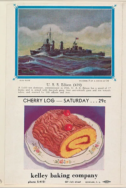 Kelley's Weekly Bulletin with cards from the Our Navy series (D62) to be cut out and pasted in album, issued by the Kelley Baking Company, February 20-26 edition, includes card no. 5, U. S. S. Edison (439). (Album 307, page 88) — Kelley Baking Company