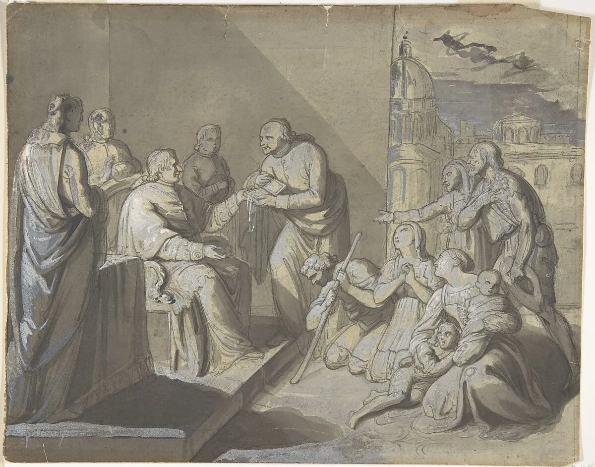 Scene with the Presentation of a Saint's Relic (recto); Head of a Woman (verso) — Anonymous, Italian, 19th century