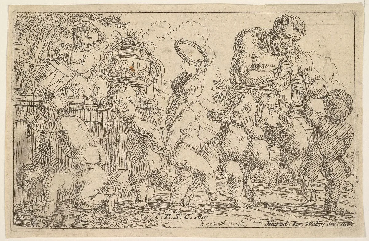 Satyr playing a pipe beside a putti holding a mask, surrounded by putti climbing over a low wall and dancing with musical instruments — Jonas Umbach|Jeremias Wolff