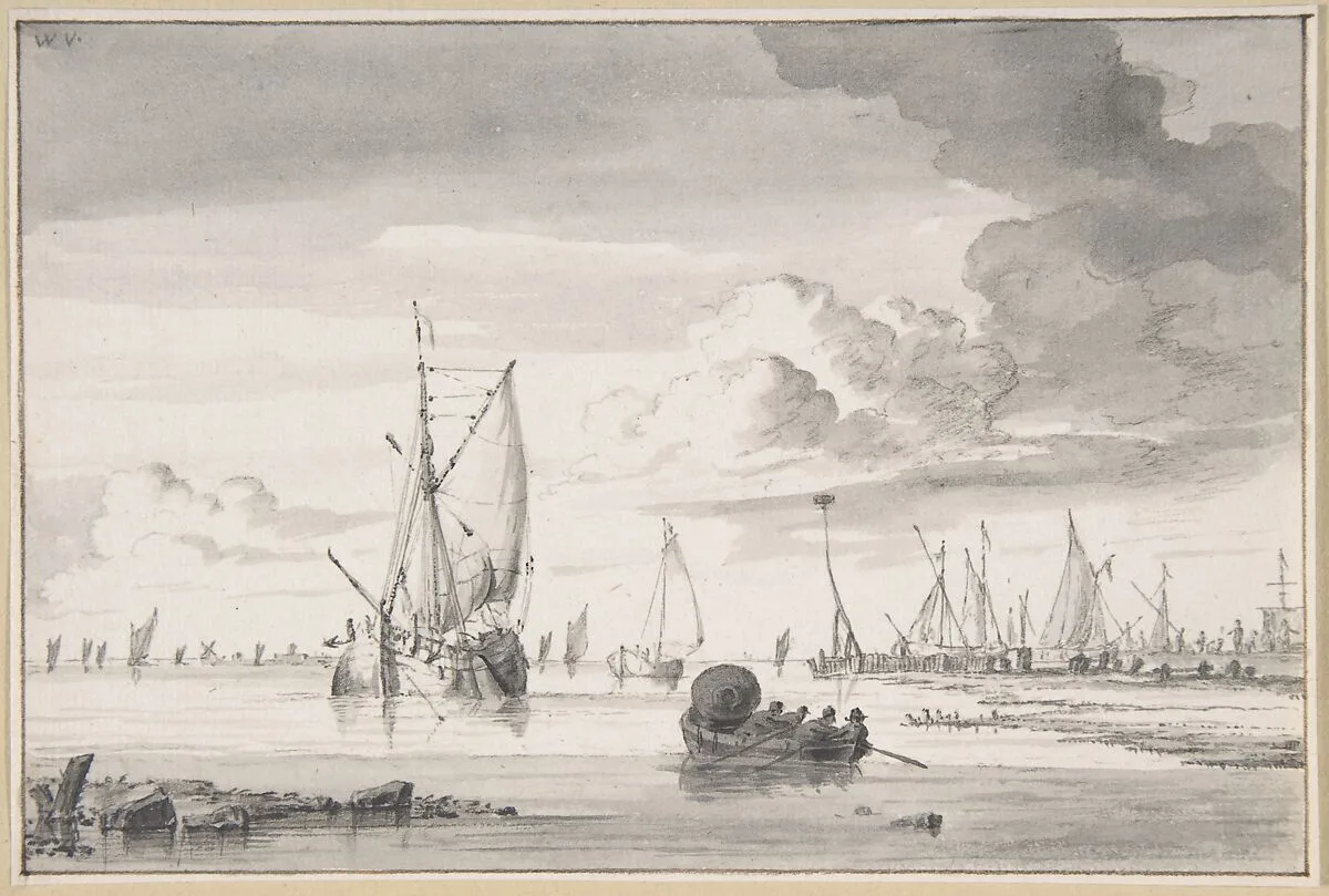 Various Ships and a Rowing Boat on an Estuary — Wigerus Vitringa