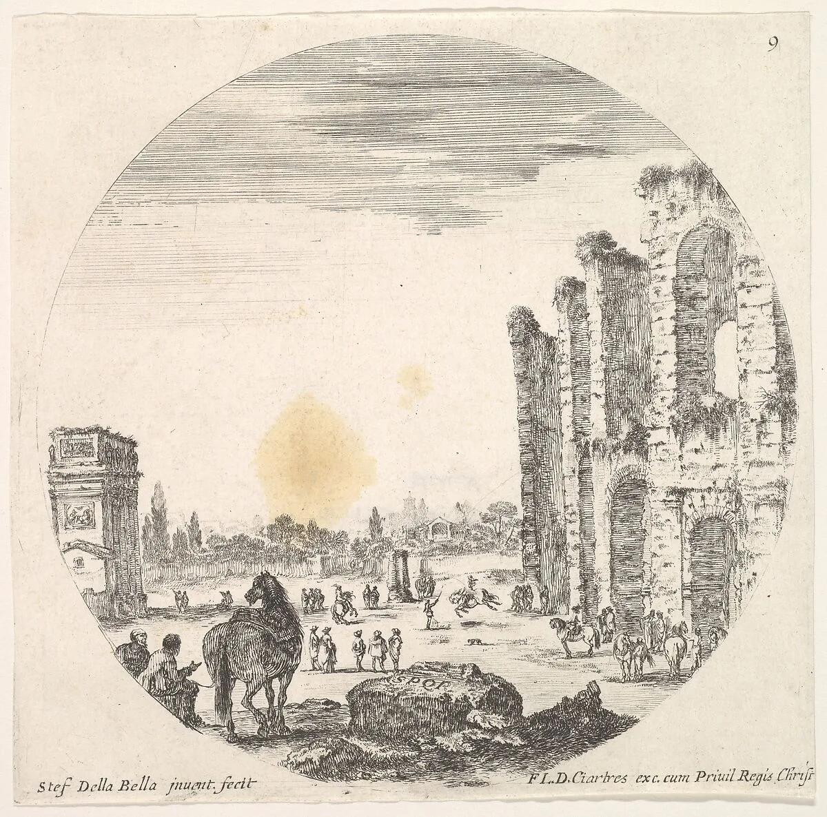 Plate 9: the Arch of Constantine to left, seen from the side, part of the Colosseum to right, various horses and figures in foreground and background, a round composition, from 'Roman landscapes and ruins' (Paysages et ruines de Rome) — Stefano della Bella|François Langlois