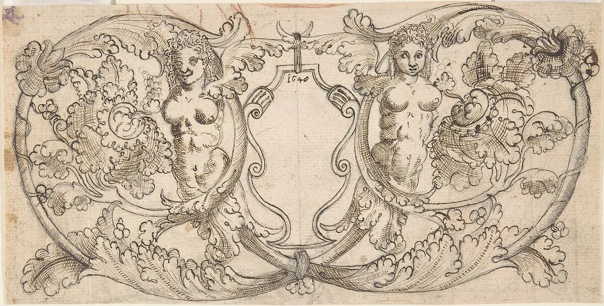 Design for a Cartouche with Acanthus Scrolls from which Female Figures Emerge — Anonymous, German, 17th century