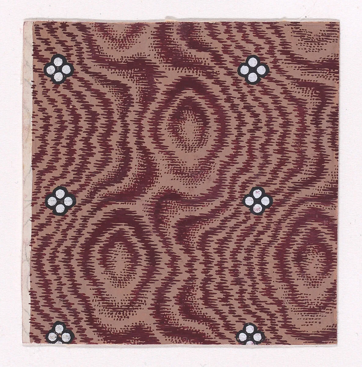Textile Design with Vertical Strips of Quatrefoils of Pearls Over an Abstract Background that Simulates Tie-Dye — Anonymous, Alsatian, 19th century