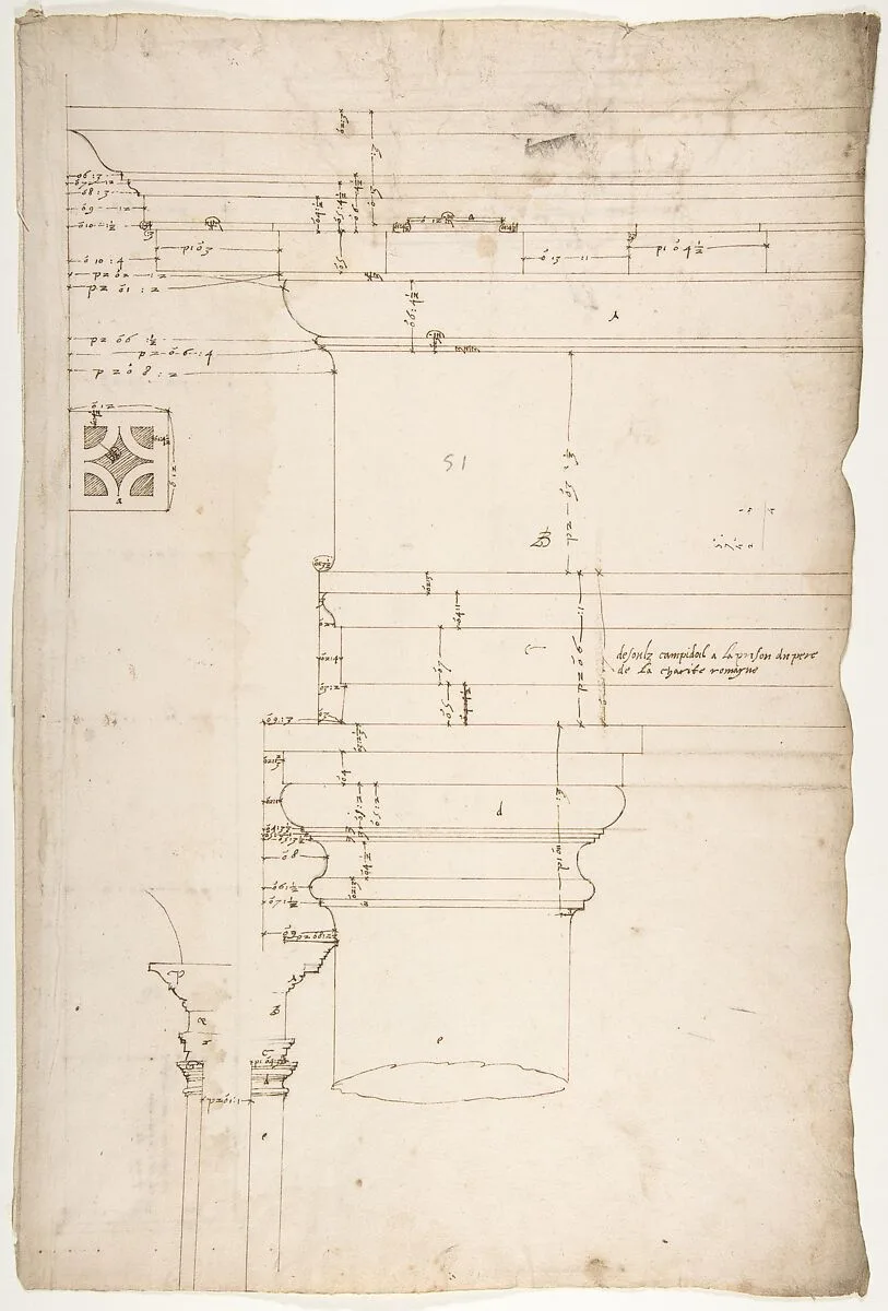 Portico at the Porta Carmentalis, Tuscan capital and entablature, elevation; pier, section, detail (recto) S. Prassede, Quadriportico, Doric capital, elevation; Palazzo Massimo alle Colonne, column shaft, profile (verso) — Anonymous, French, 16th century