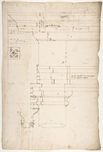Portico at the Porta Carmentalis, Tuscan capital and entablature, elevation; pier, section, detail (recto) S. Prassede, Quadriportico, Doric capital, elevation; Palazzo Massimo alle Colonne, column shaft, profile (verso)