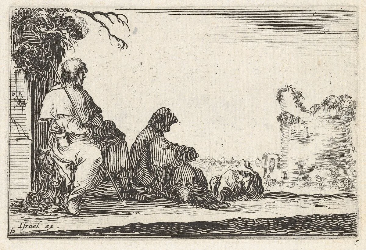 Plate 6: two seated pilgrims and one laying down to left, a tower in ruins to right in the background, from 'Caprice faict par de la Bella' — Stefano della Bella|Israël Henriet