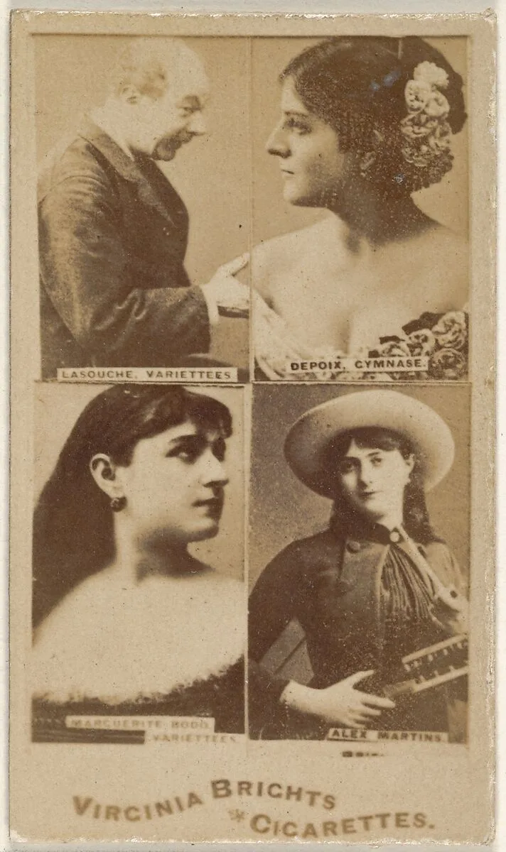 Lasouche, Variettees/ Depoix, Gymnase/ Marguerite Hood, Variettees/ Alex Martins, from the Actors and Actresses series (N45, Type 4) for Virginia Brights Cigarettes — Allen & Ginter