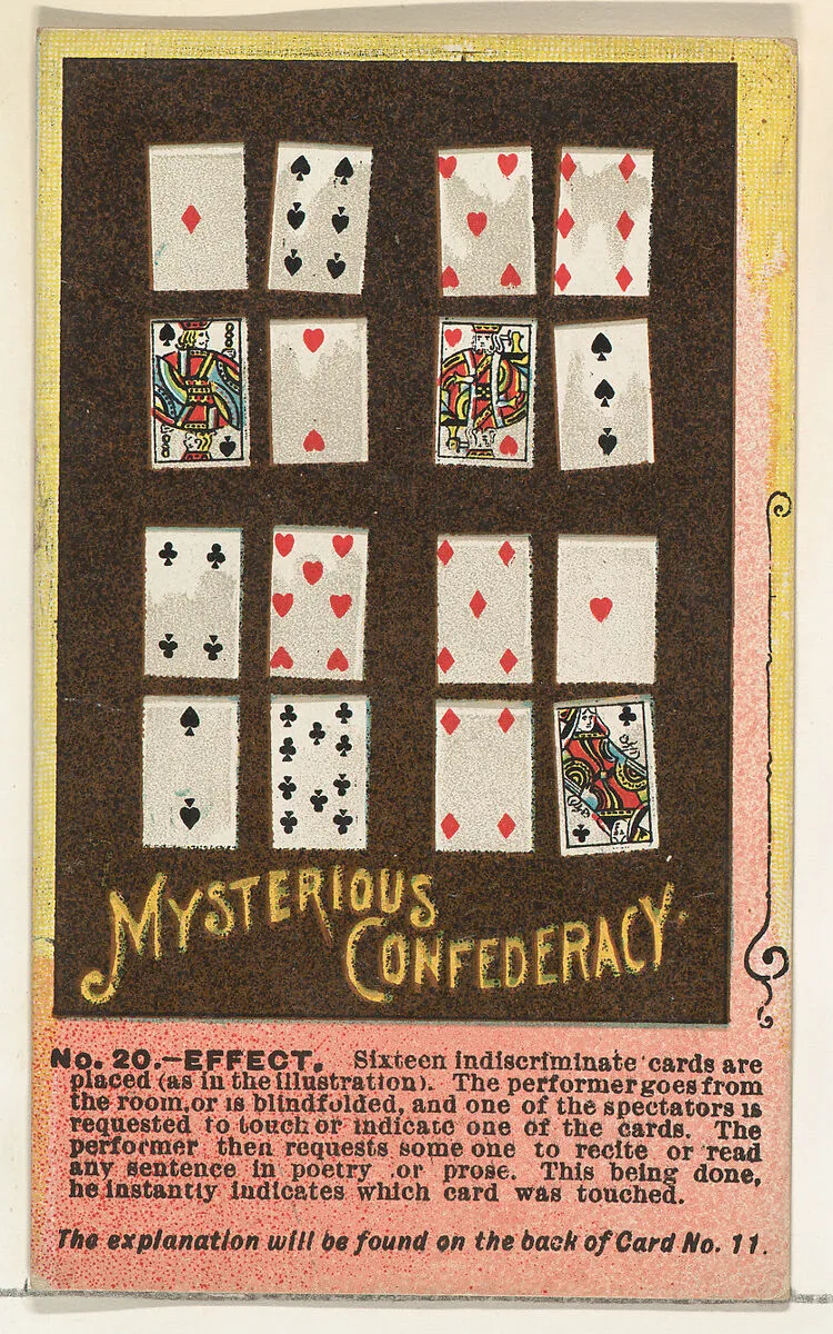 Number 20, Mysterious Confederacy, from the Tricks with Cards series (N138) issued by W. Duke, Sons & Co. to promote Honest Long Cut Tobacco — The Giles Company|W. Duke, Sons & Co.
