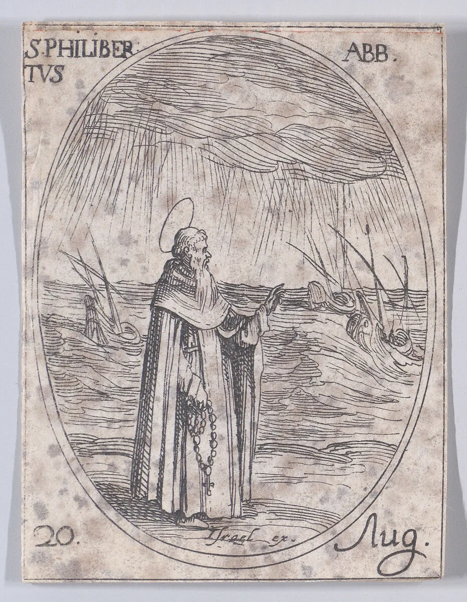 S. Philibert, abbé (St. Philibert, Abbot), August 20th, from "Les Images De Tous Les Saincts et Saintes de L'Année" (Images of All of the Saints and Religious Events of the Year) — Jacques Callot|Israël Henriet