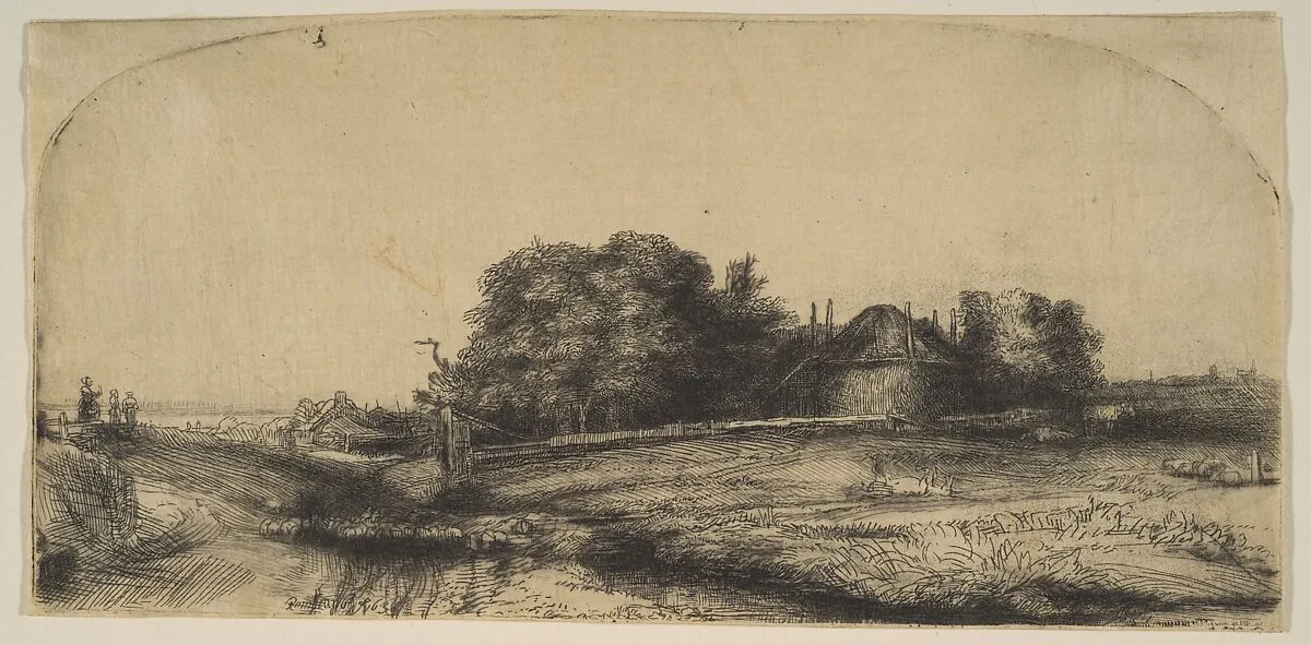 Cottages and a Hay Barn on the Diemerdijk with a Flock of Sheep — Rembrandt (Rembrandt van Rijn)