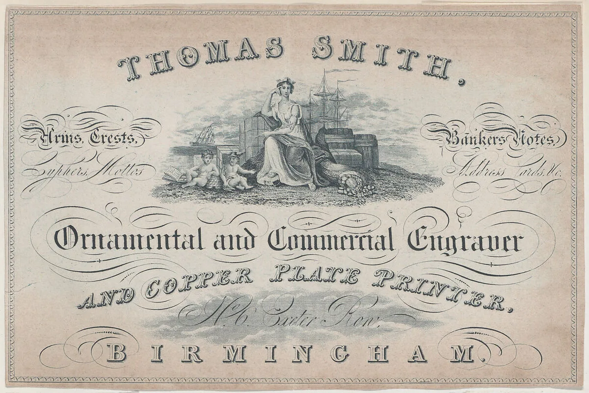 Trade Card for Thomas Smith, Engraver and Printer — Anonymous, British, 19th century