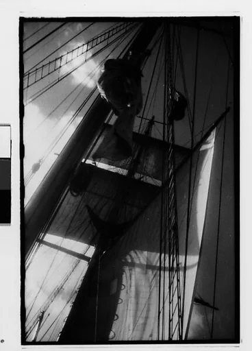 [Three 35mm Film Frames: South Seas: Cressida Sails and Mast with Sailor on Ladder]