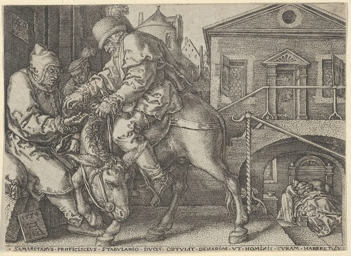 The Good Samaritan Paying the Innkeeper for the Care of the Wounded Man, from "The Parable of the Good Samaritan" — Heinrich Aldegrever