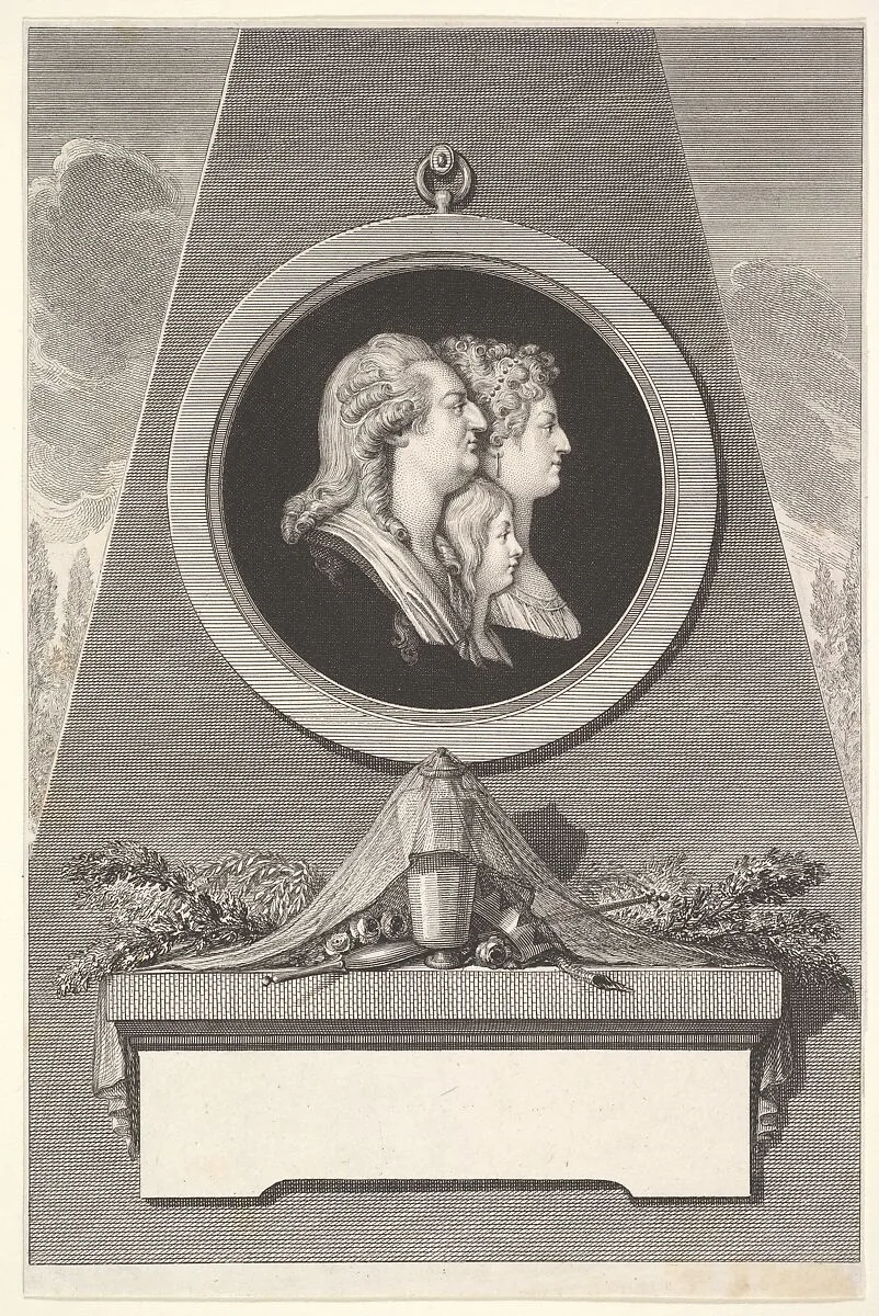 Portrait of Louis XVI, Marie Antoinette and The Dauphin — Augustin de Saint-Aubin|Piat Joseph Sauvage
