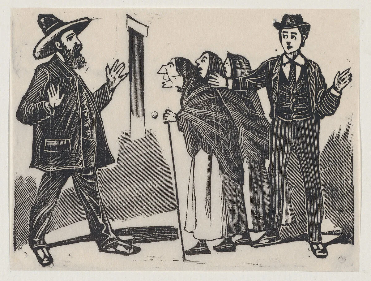 A group of mother-in-laws flanked by two men — José Guadalupe Posada