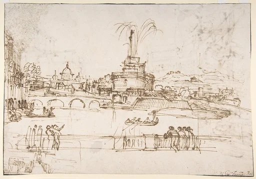 Figures Watching a Display of Fireworks at Castel Sant'Angelo, Rome (recto); A Distant View of the Fireworks Seen from a Villa Garden (verso)