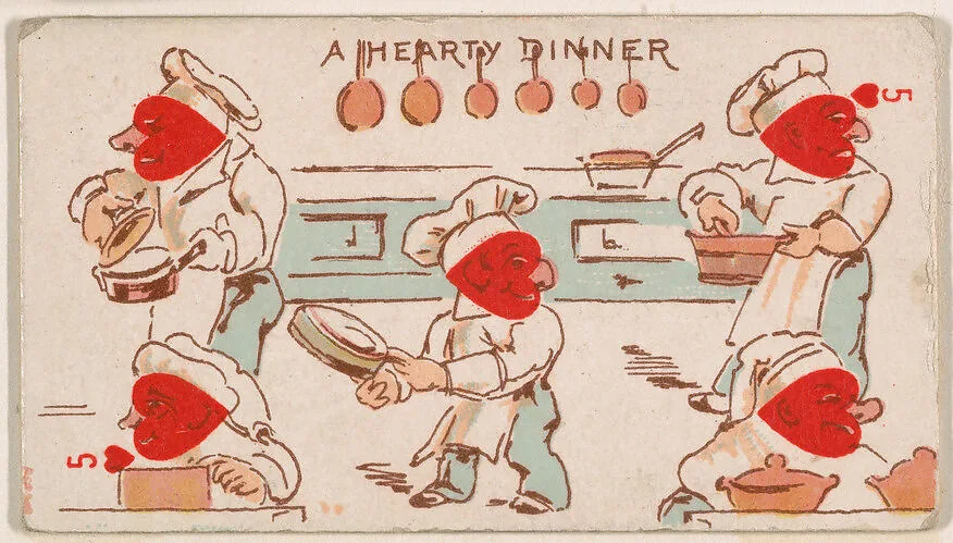 Five of Hearts, A Hearty Dinner, from Harlequin Cards, 2nd Series (N220) issued by Kinney Bros. — Kinney Brothers Tobacco Company