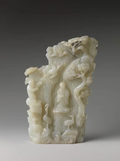 清 玉雕仙人瑞鶴山子|Mountain scene in the form of pine, cranes, and immortals