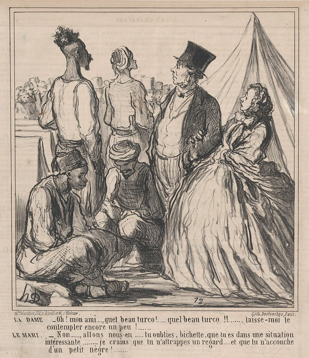 Oh! mon ami..., quel beau turco!.... quel beau turco!!...., from Au Camp de Saint-Maur, published in Le Charivari, August 15, 1859 — Aaron Martinet|Honoré Daumier|Destouches