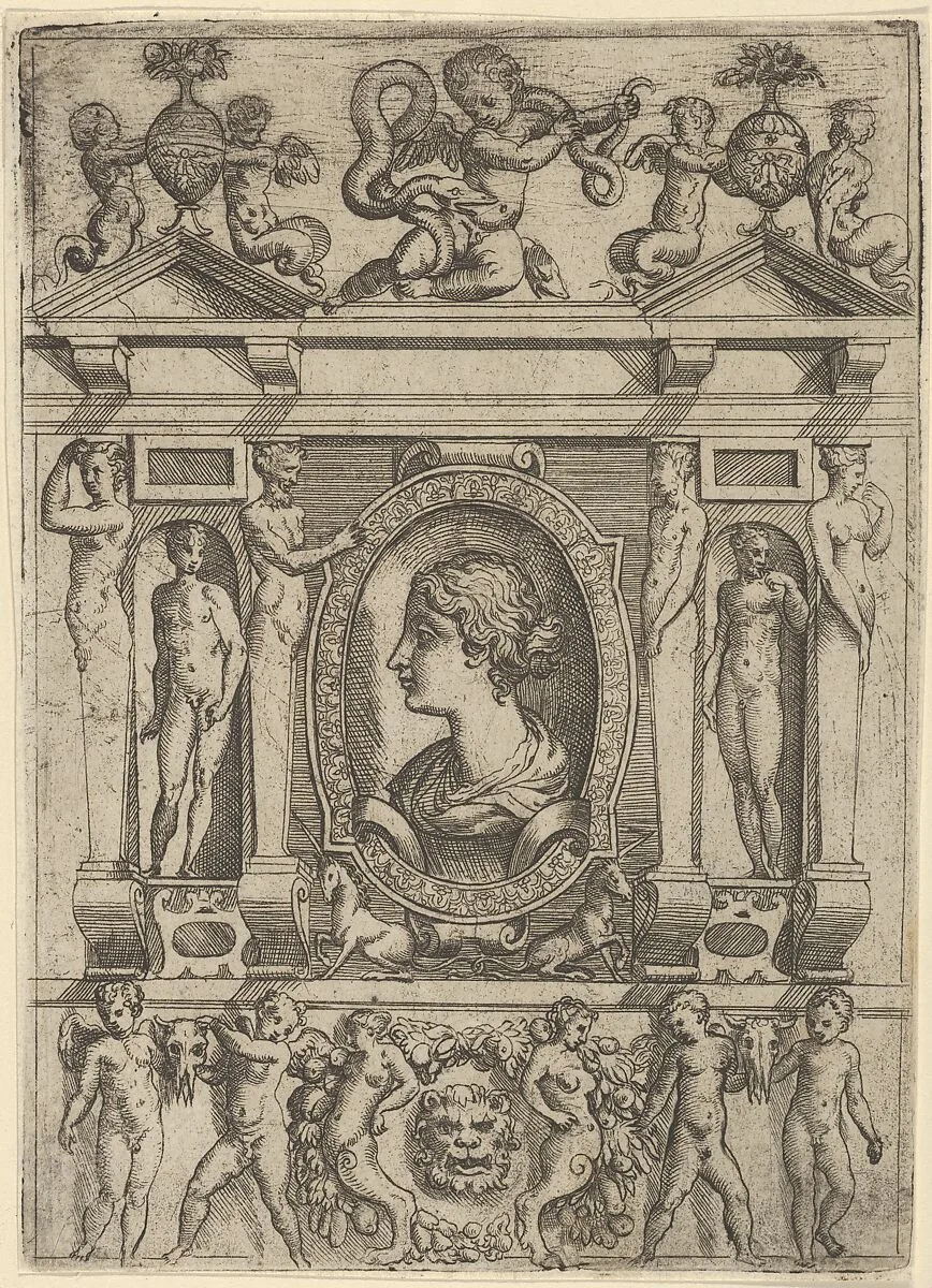 Bust of a woman in profile facing left, set in an elaborate frame with figures in niches — Andrea Schiavone (Andrea Meldola)|Jacques Androuet Du Cerceau|Battista Angolo del Moro