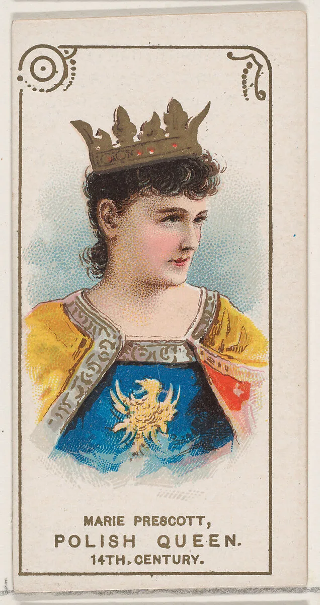 Marie Prescott Dressed as Polish Queen of the 14th Century, from the set Actors and Actresses, Second Series (N71) for Duke brand cigarettes — W. Duke, Sons & Co.|Knapp & Company