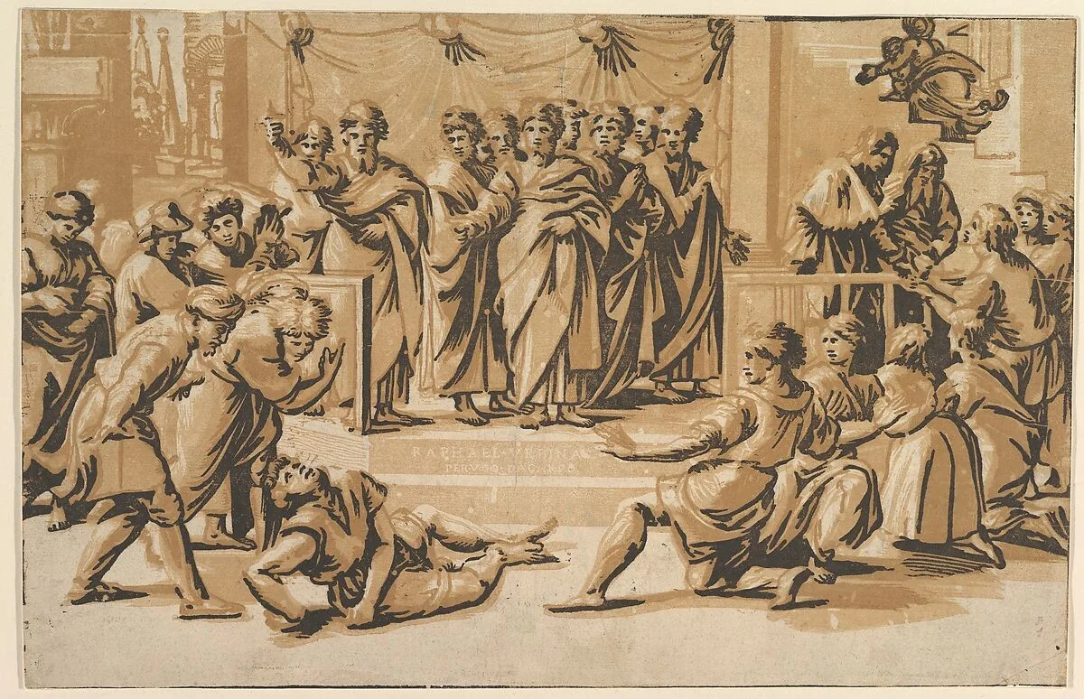 The death of Ananias, surrounded by Apostles — Ugo da Carpi|Raphael (Raffaello Sanzio or Santi)