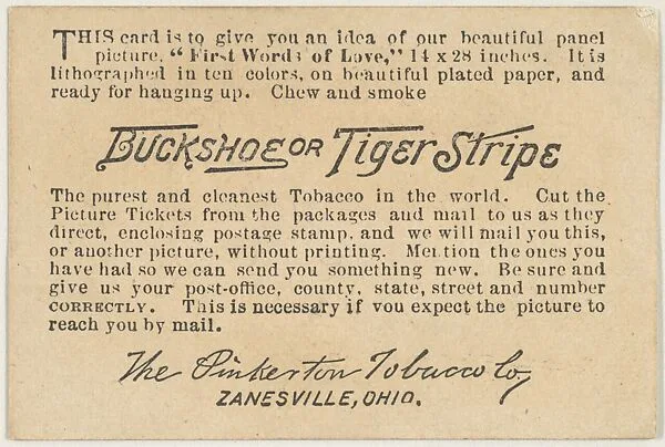 Card verso, First Words of Love, from the Panel Picture Miniatures series (T130), issued by the Pinkerton Tobacco Co. to promote Buckshoe and Tiger Stripe tobacco brands — Pinkerton Tobacco Company