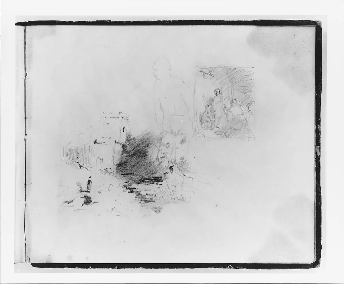 Three Studies: Standing Figure Facing Left; Interior with Two Figures and a Dog; Landscape (from Sketchbook) — Francis William Edmonds