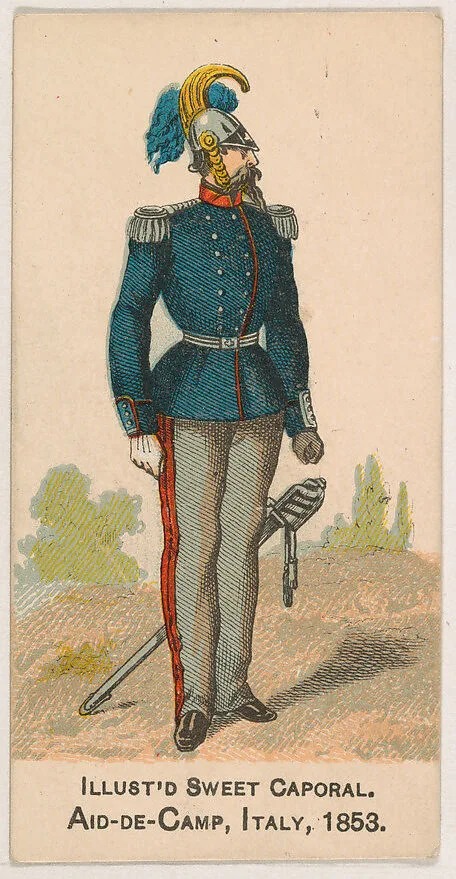 Aid-de-Camp, Italy, 1853 from the Military Series (N224) issued by Kinney Tobacco Company to promote Sweet Caporal Cigarettes — Kinney Brothers Tobacco Company