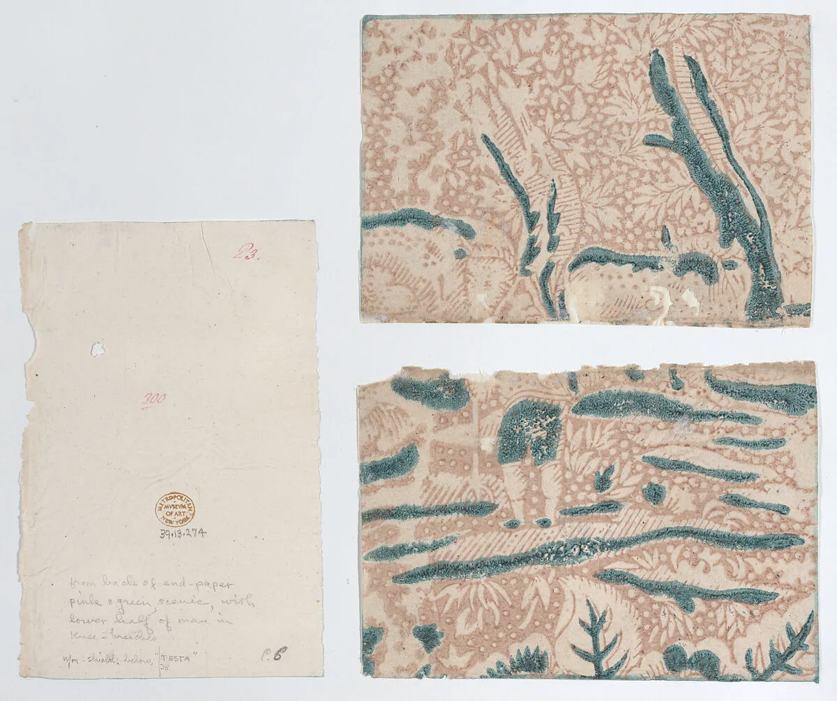 Sheet in two sections with pink and green scenic pattern — Anonymous