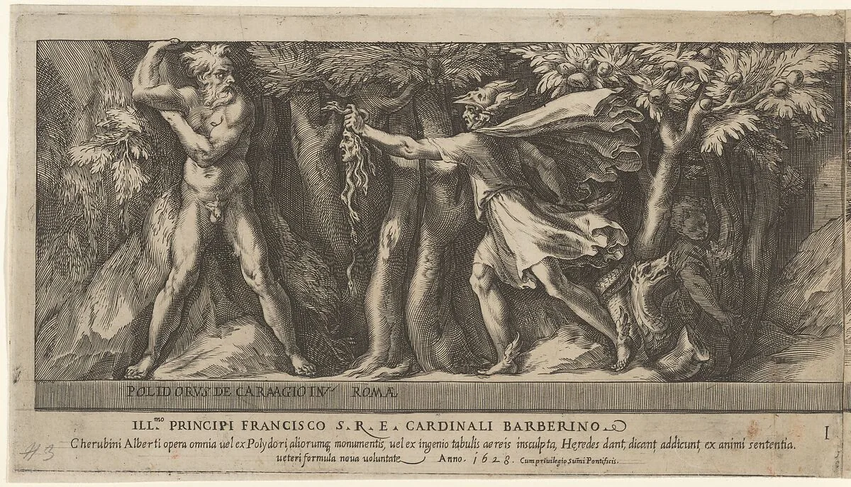 Perseus changing Atlas into a mountan with the head of Medusa, from Perseus and the Golden Apples — Cherubino Alberti (Zaccaria Mattia)|Polidoro da Caravaggio