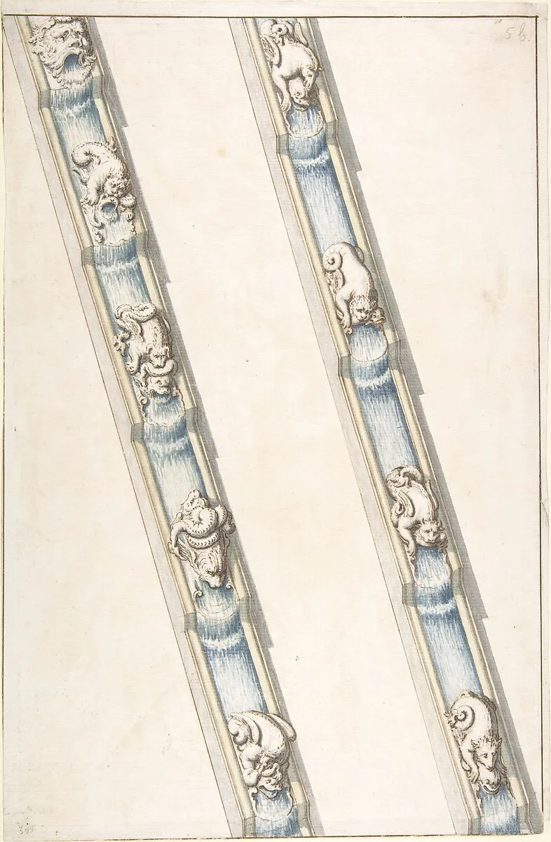 Design for Water Channels with Fantastic Animals Covering Small Sections — Anonymous, Italian, 17th century