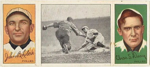 "Lobert Gets Tenney," with Charles F. Dooin and John Lobert, from the series Hassan Triple Folders (T202) — Hassan Cigarettes
