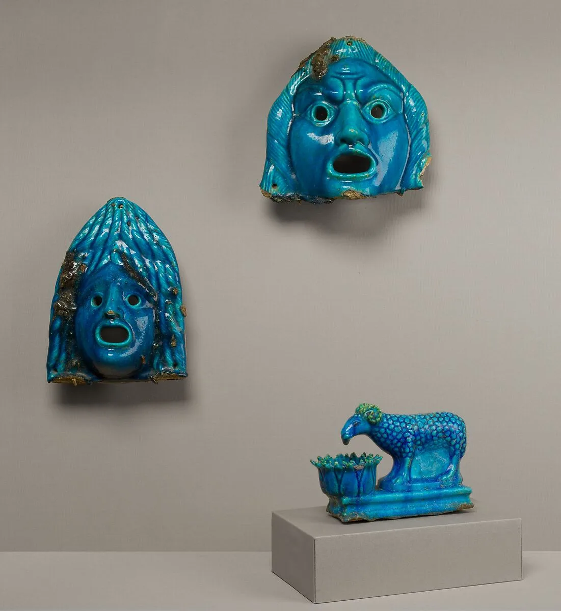 Theatrical Masks and Ram Vessel for Offering — Unknown