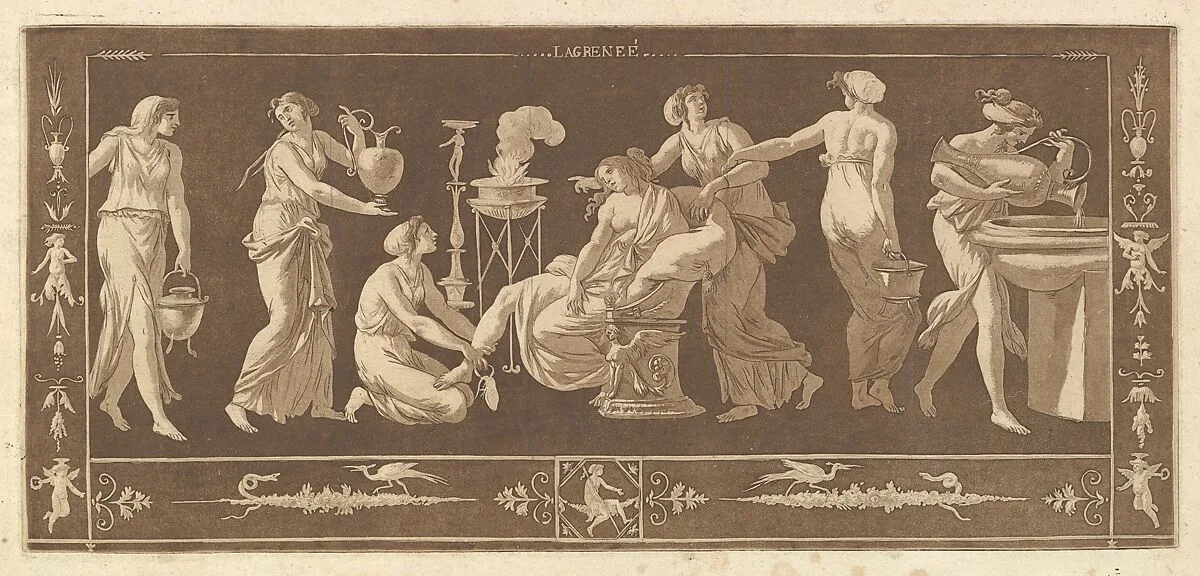La Toilette de Vénus (The Toilet of Venus), from Recueil de Différentes Compositions Frises et Ornements dessinées et gravées à la manière du lavis par La Grenée le Juene Se trouve chez l'Auteur, au Louvre et chez Basan, rue et Hôtel Serpente A Paris, in an album containing Recueil de Compositions par Lagrenée Le Jeune (Collection of Compositions by Lagrenée the Younger) — Jean Jacques Lagrenée