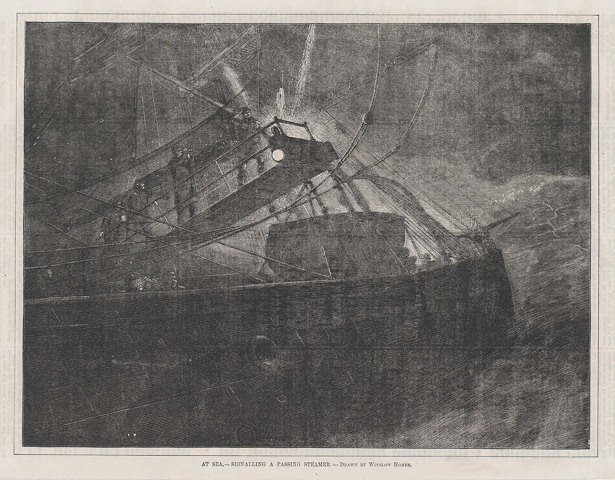 At Sea – Signalling a Passing Steamer – Drawn by Winslow Homer (Every Saturday, Vol. II, New Series) — Winslow Homer|James R. Osgood & Co.