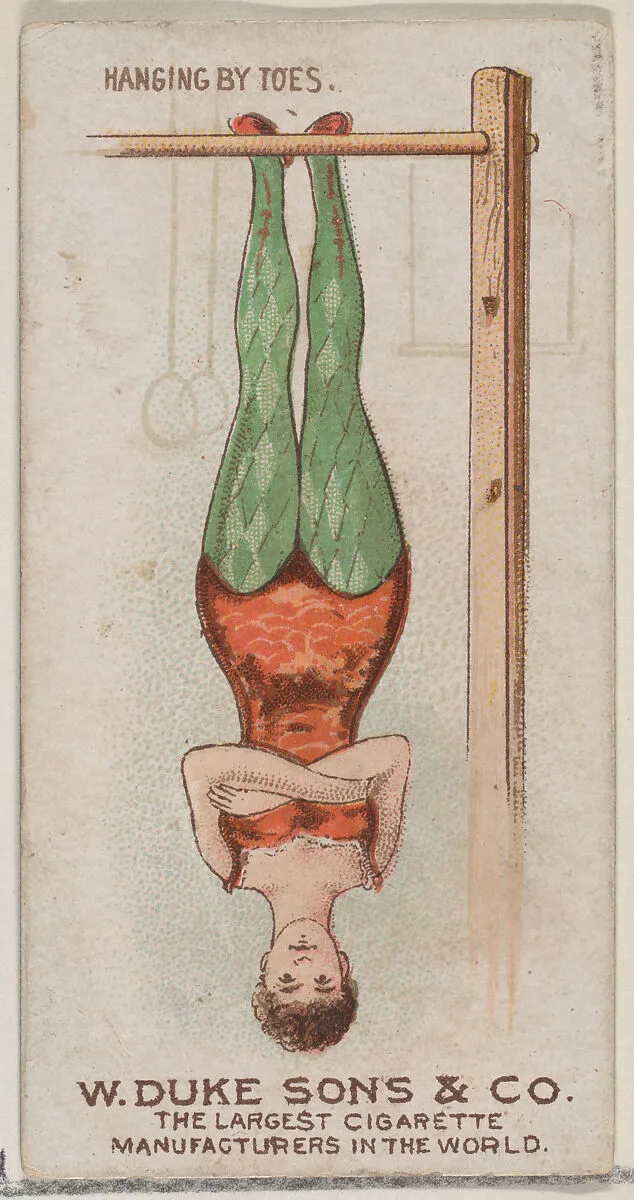 Hanging by Toes, from the Gymnastic Exercises series (N77) for Duke brand cigarettes — W. Duke, Sons & Co.