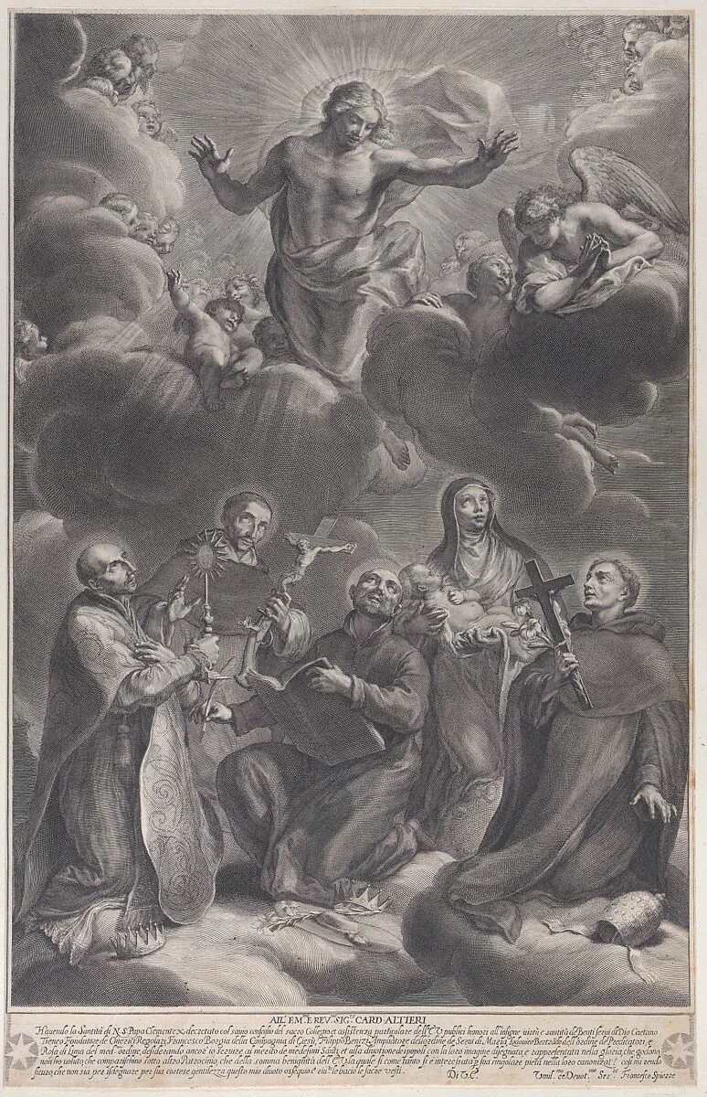 Five saints kneeling and adoring Christ: Saint Francis Borgia, Saint Louis Bertrand, Saint Cajetan, Saint Rosa of Lima, and Saint Philip Benzi — Francesco Vanni|François Spierre