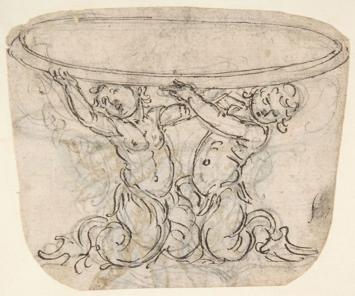 Table or Basin Supported by Male Sirens (recto); Sketch for the Same Subject (verso) . — Giovanni Battista Foggini