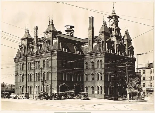 [Gothic Revival Building with Clocktower, Police Station, Cambridge, Massachusetts]