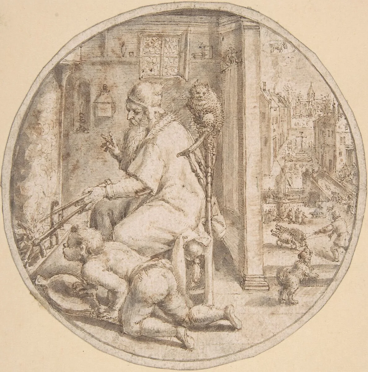December: And Old Man Seated by a Hearth with a Young Man Blowing on the Fire — Crispijn de Passe the Elder