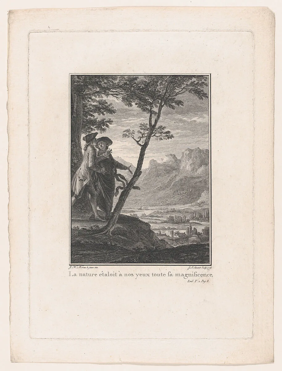Vignette on page 8 of Volume IV, from the 1774 Edition of Emile ou de l'Education par J.-J. Rousseau Citoyen de Genèvre, part of Collection Complette des oeuvres de J. J. Rousseau, Londres. 1774. — Jean Michel Moreau the Younger|Jean Jacques Rousseau|Jean-Baptiste-Blaise Simonet