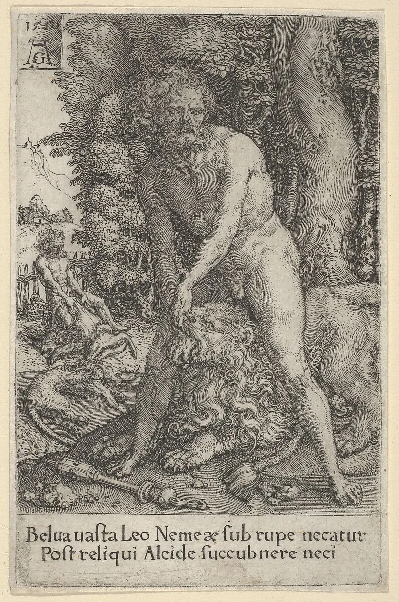 The Fight with the Nemean Lion, from The Labors of Hercules — Heinrich Aldegrever