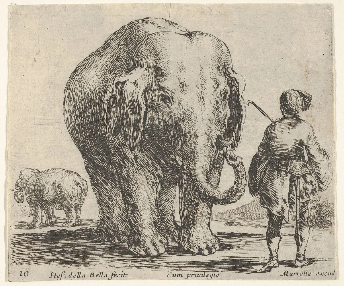 Plate 16: an elephant in center, his mahout standing to the right wearing an Oriental costume, another elephant to left in background, from 'Diversi capricci' — Stefano della Bella|Pierre Mariette