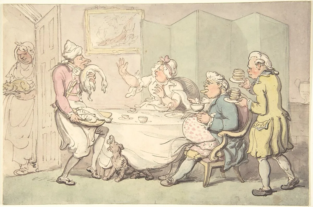 A Couple at Table with Servants — Thomas Rowlandson