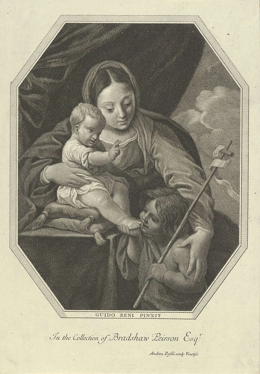 The Virgin with the infant Christ seated on a cushion and the young Saint John the Baptist kissing his foot, an octagonal composition, after Reni — Guido Reni|Andrea Rossi