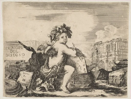 Plate 1: the genius of drawing, a child with wings, seated on a rock in center turned towards the right, holding a drawing pad and pen, ruins including a triumphal arch to right in the background, the title page from "The Principles of Design" (I principii del disegno)